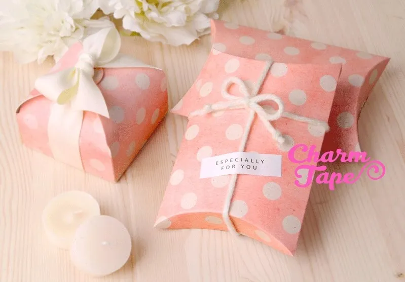 10pcs - Polka Dot Pillow Boxes, Blue or Pink , Wedding Box, Baby Shower Boxes, Holiday Gift Size 5 1/2” x 4” x 1”