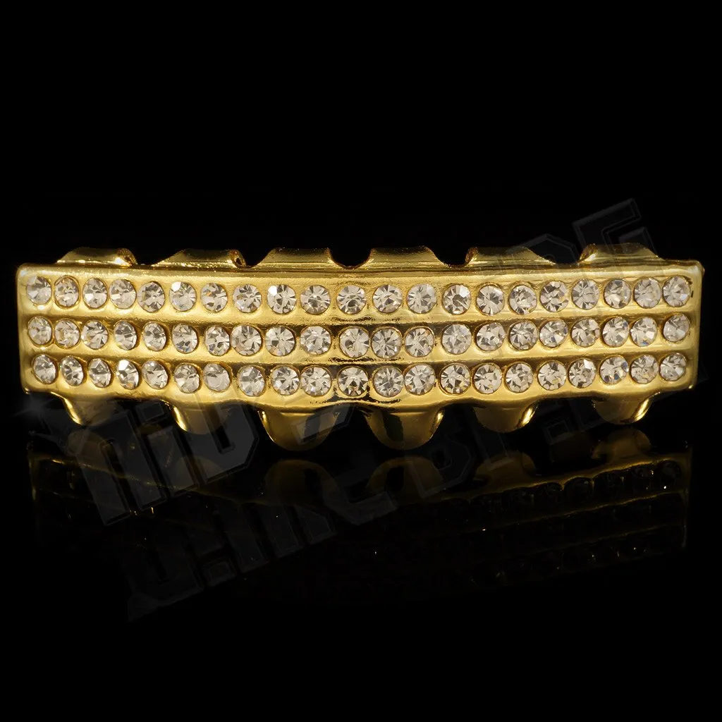 14K 3 Row Iced Gold Grillz