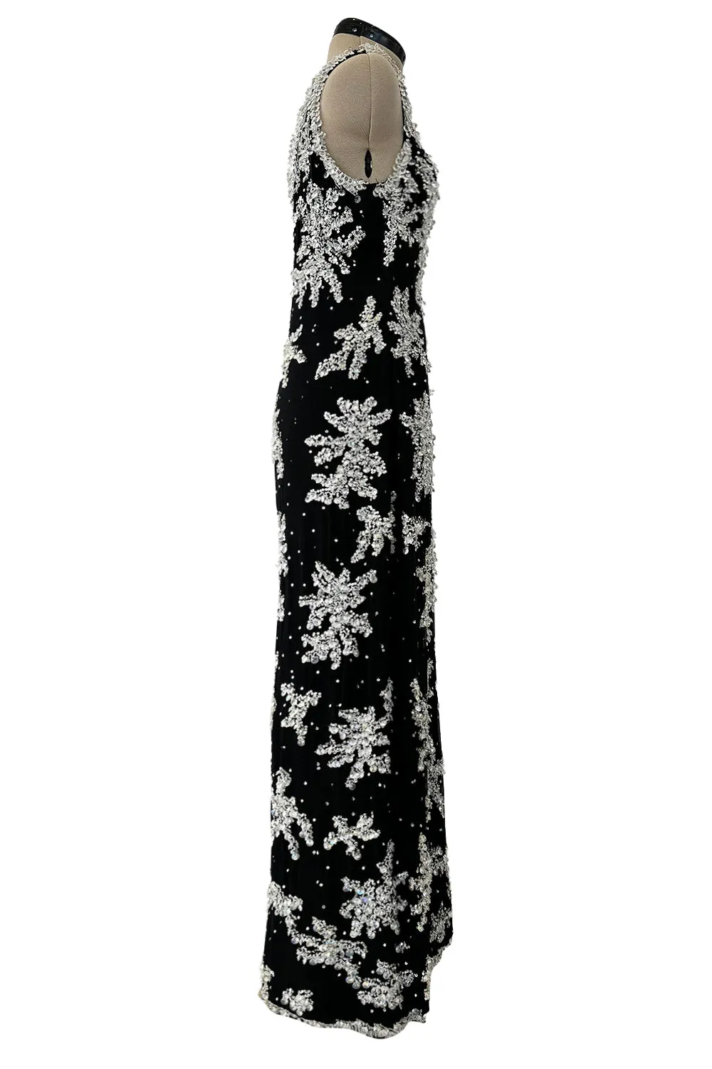 1960s Adolfo Black Silk Chiffon Densely Beaded One Shoulder Dress
