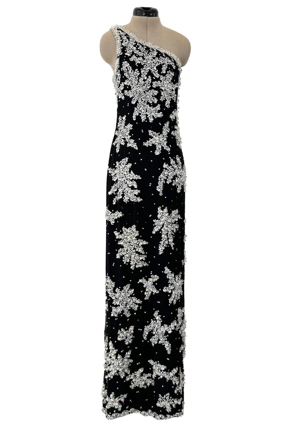 1960s Adolfo Black Silk Chiffon Densely Beaded One Shoulder Dress