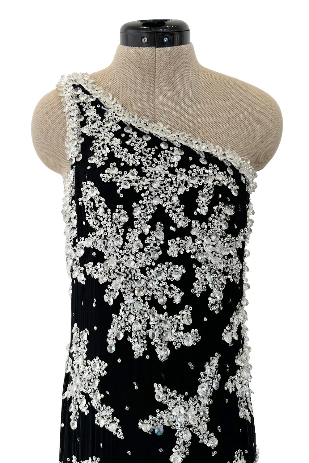 1960s Adolfo Black Silk Chiffon Densely Beaded One Shoulder Dress