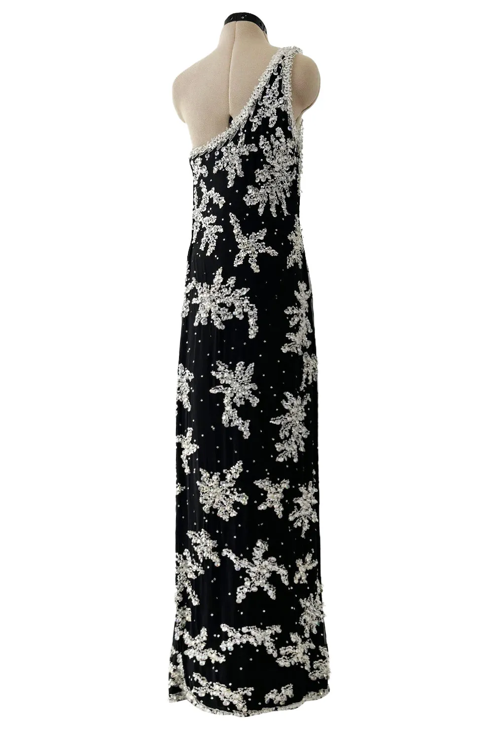 1960s Adolfo Black Silk Chiffon Densely Beaded One Shoulder Dress