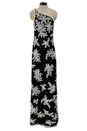 1960s Adolfo Black Silk Chiffon Densely Beaded One Shoulder Dress