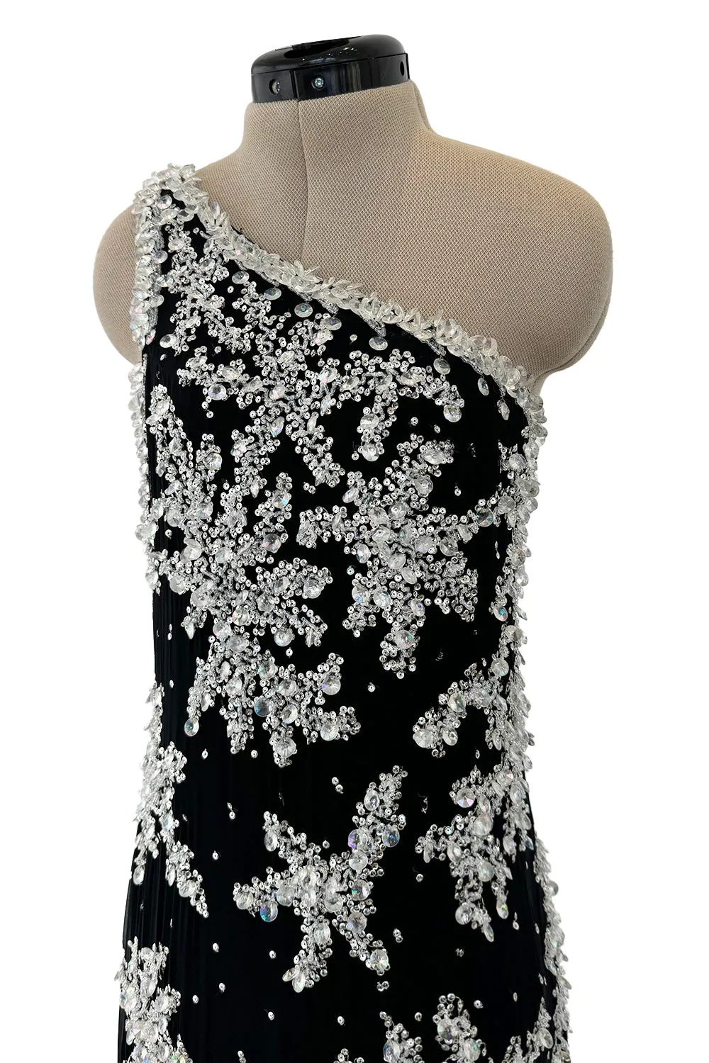 1960s Adolfo Black Silk Chiffon Densely Beaded One Shoulder Dress