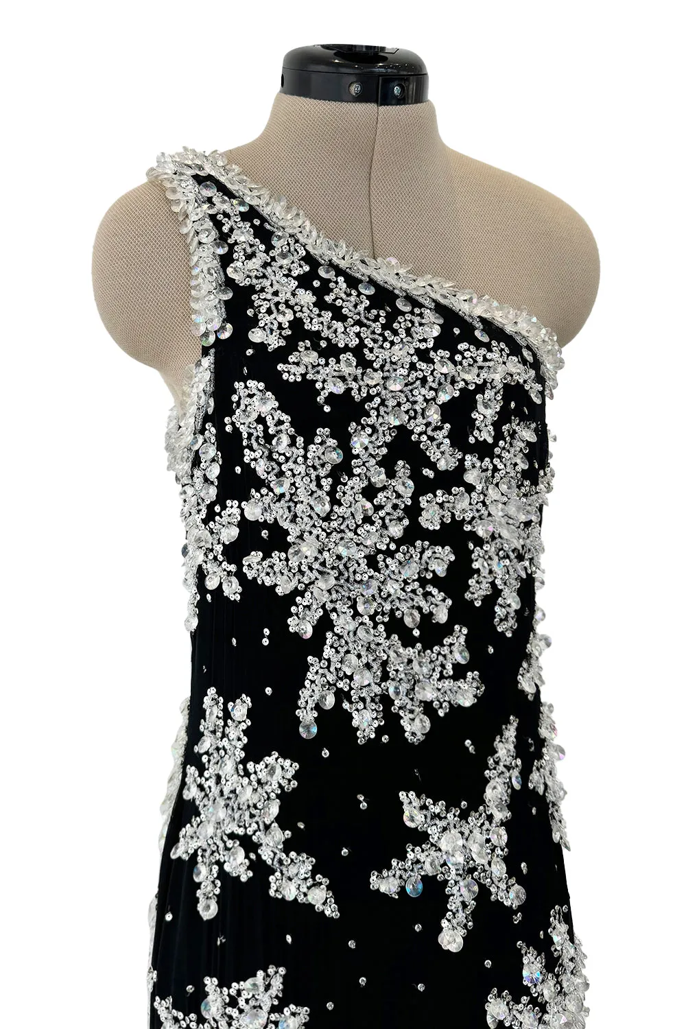 1960s Adolfo Black Silk Chiffon Densely Beaded One Shoulder Dress
