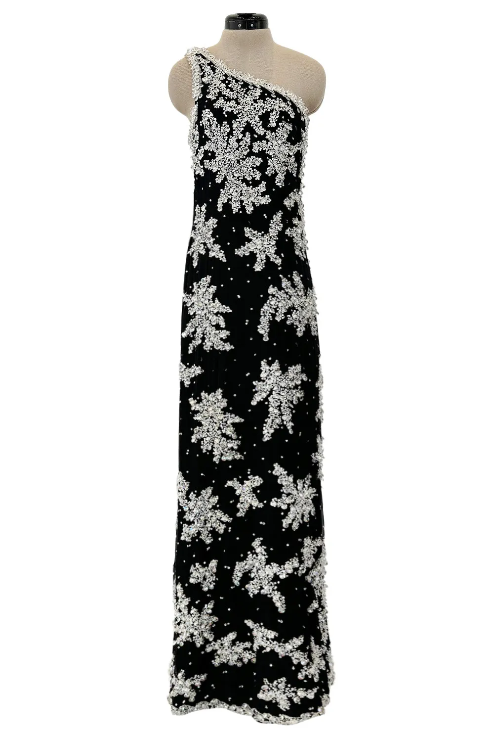 1960s Adolfo Black Silk Chiffon Densely Beaded One Shoulder Dress