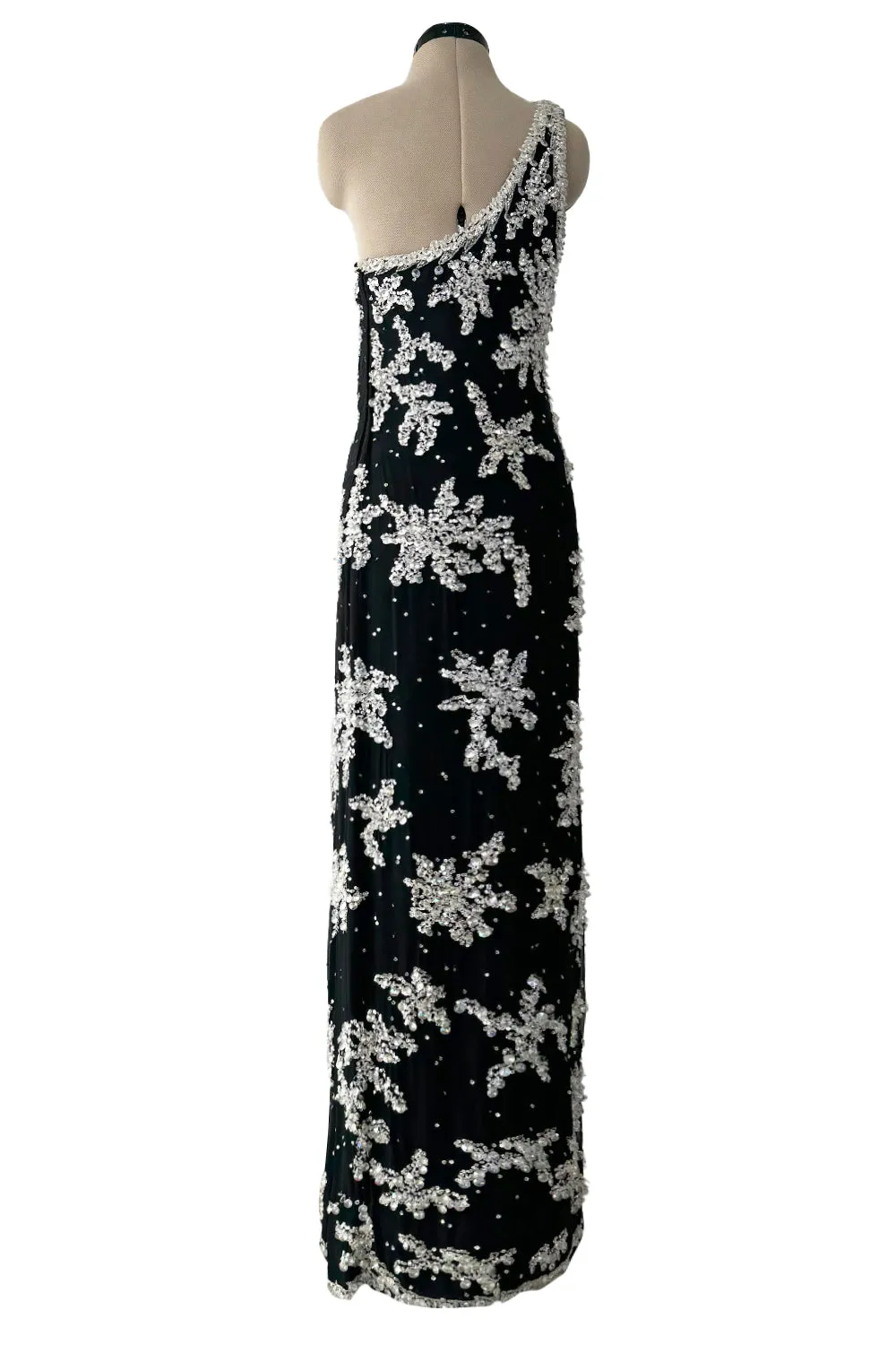 1960s Adolfo Black Silk Chiffon Densely Beaded One Shoulder Dress