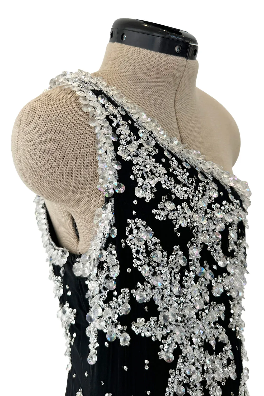1960s Adolfo Black Silk Chiffon Densely Beaded One Shoulder Dress