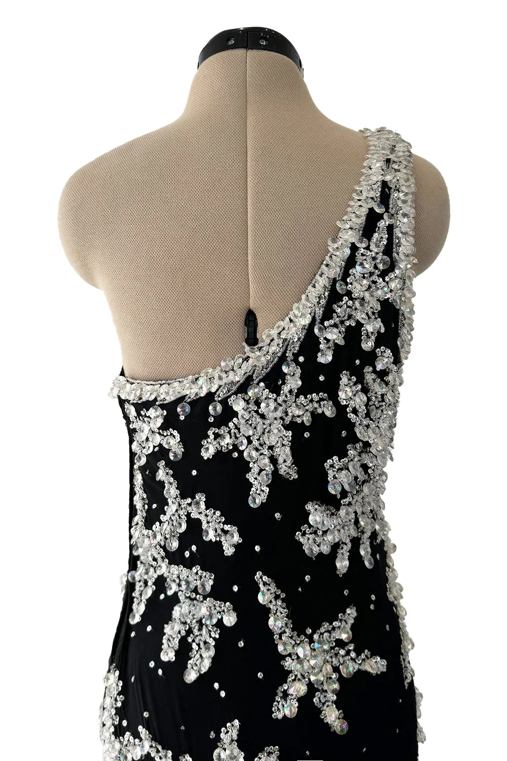 1960s Adolfo Black Silk Chiffon Densely Beaded One Shoulder Dress