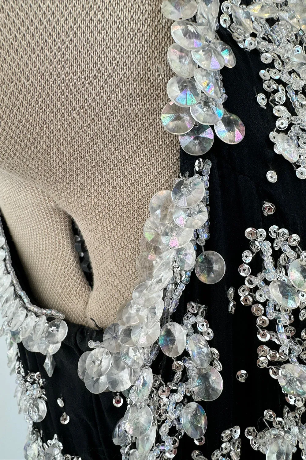 1960s Adolfo Black Silk Chiffon Densely Beaded One Shoulder Dress
