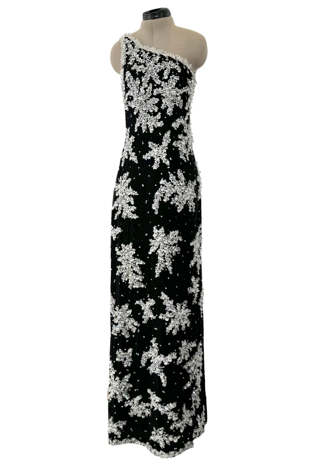 1960s Adolfo Black Silk Chiffon Densely Beaded One Shoulder Dress