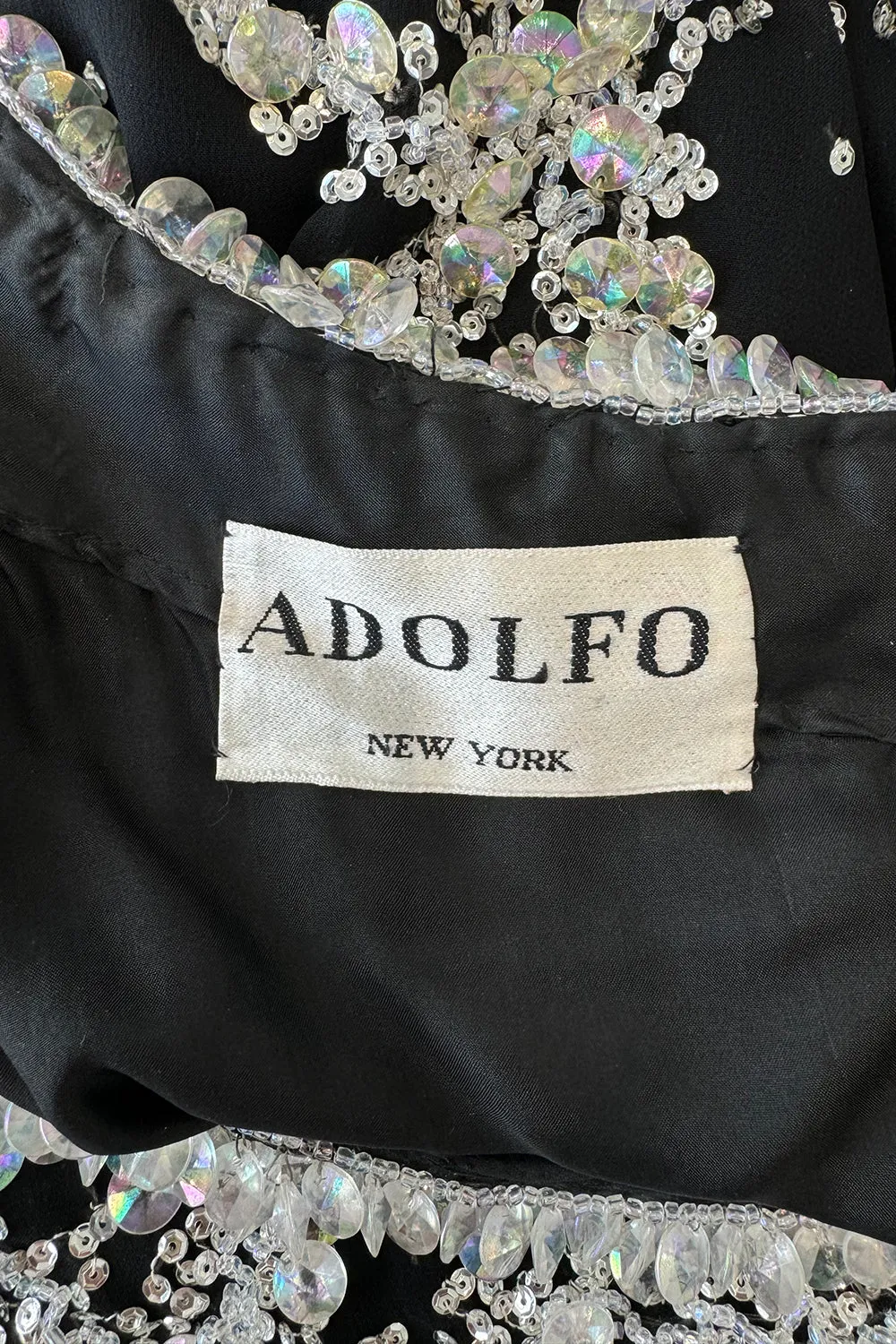 1960s Adolfo Black Silk Chiffon Densely Beaded One Shoulder Dress