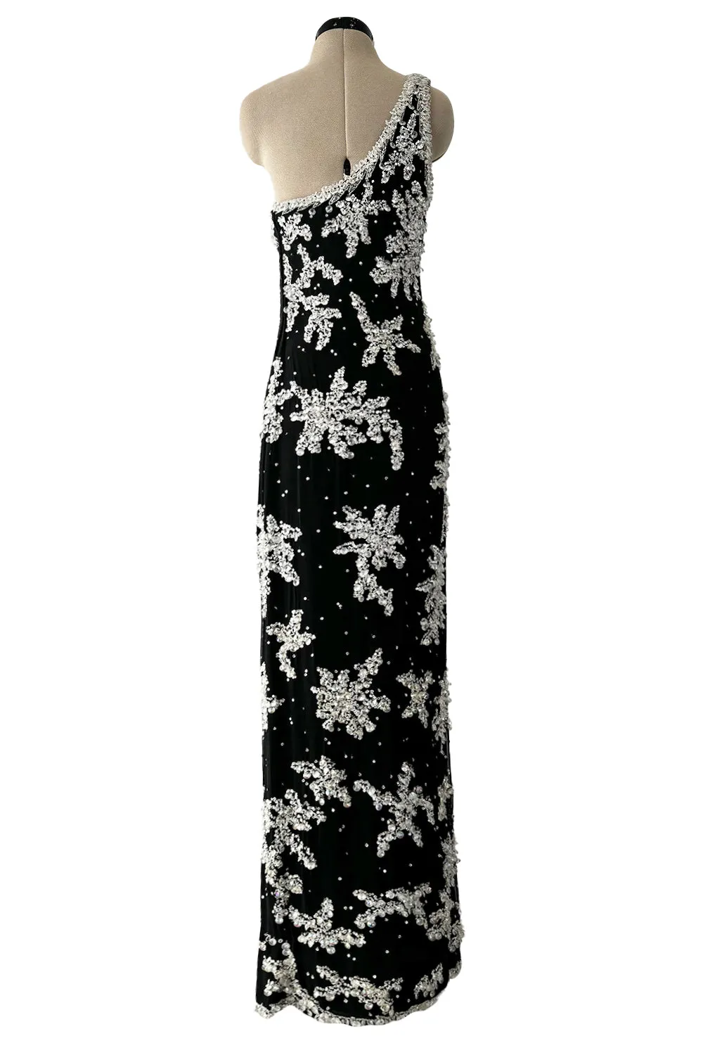 1960s Adolfo Black Silk Chiffon Densely Beaded One Shoulder Dress