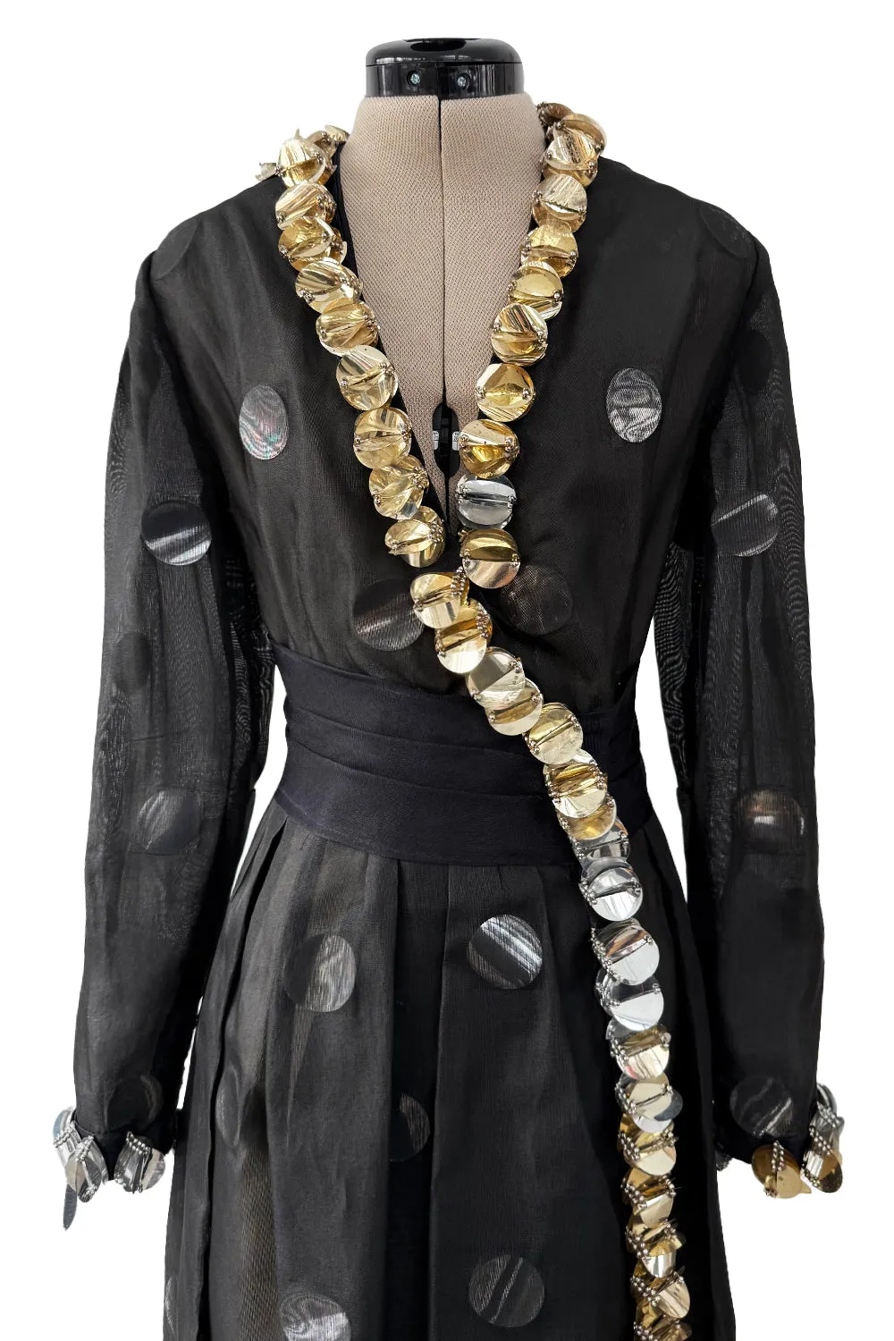 1960s Geoffrey Beene Silk Organza Dress w Large Metallic Paillettes