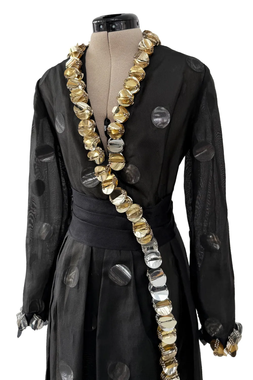 1960s Geoffrey Beene Silk Organza Dress w Large Metallic Paillettes