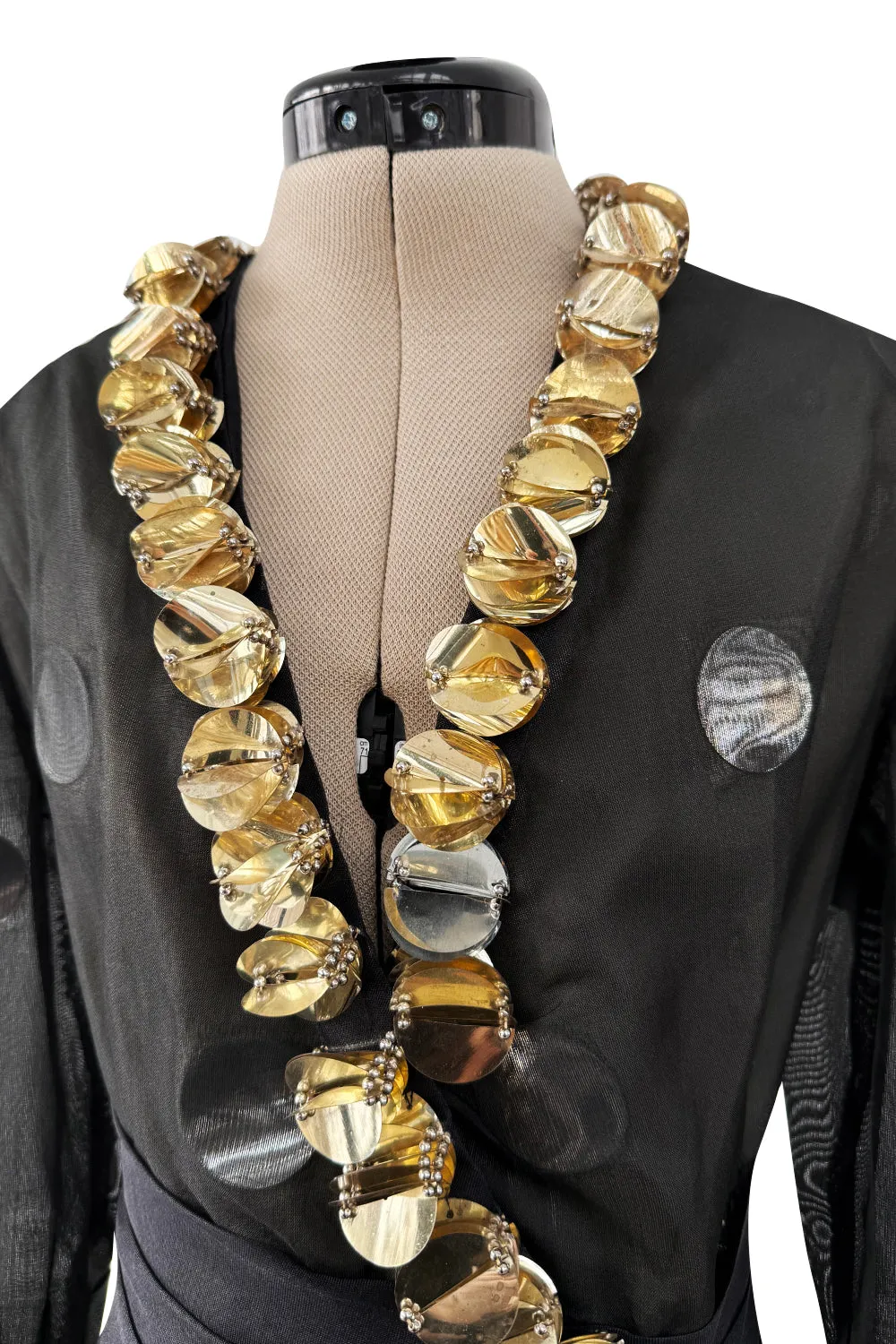 1960s Geoffrey Beene Silk Organza Dress w Large Metallic Paillettes