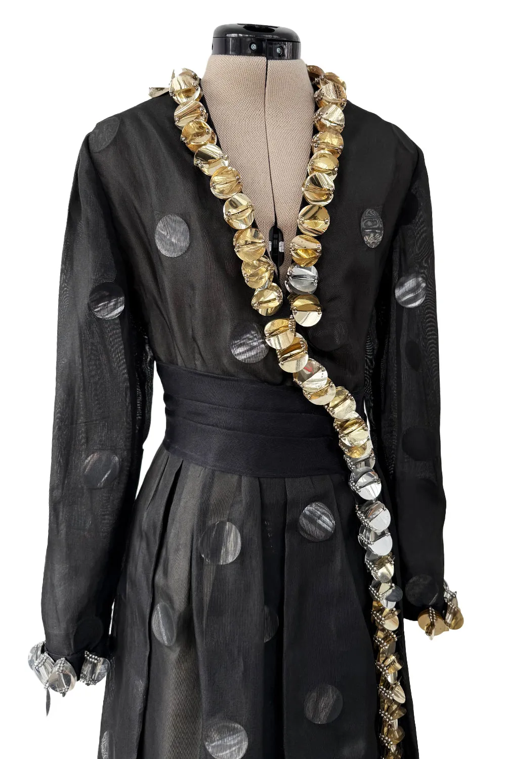 1960s Geoffrey Beene Silk Organza Dress w Large Metallic Paillettes