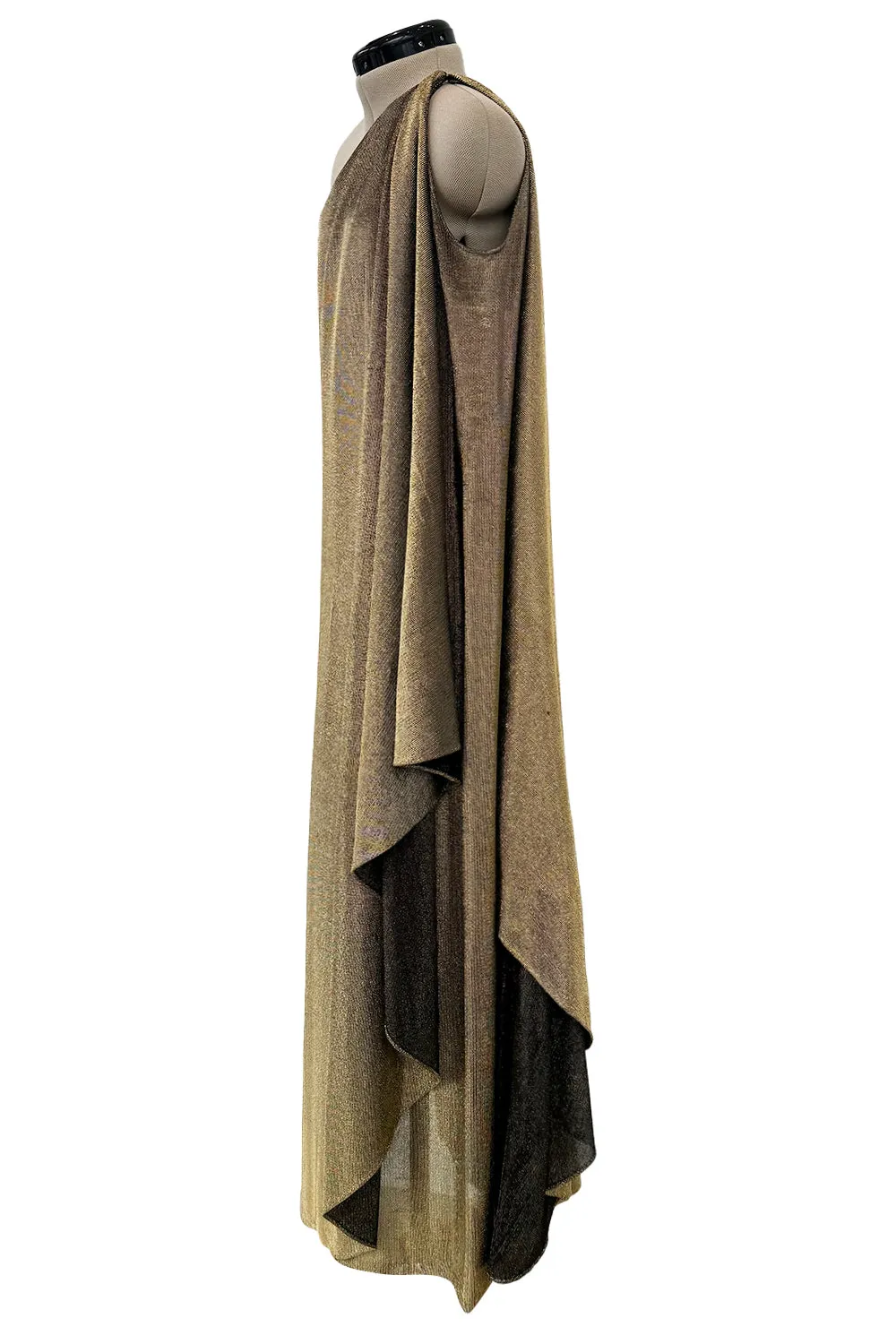 1978 Halston One Shoulder Draped Gold Metallic Jersey Dress