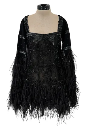 1990s Valentino Feather, Net & Sequin Micro Mini Cashmere Knit Dress