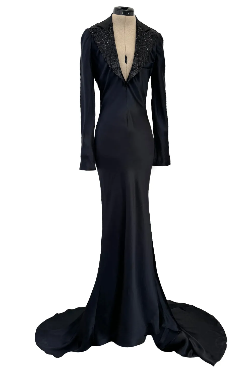 2007 Alexander McQueen  Black Bias Cut Hammered Silk Dress w Beaded Collar