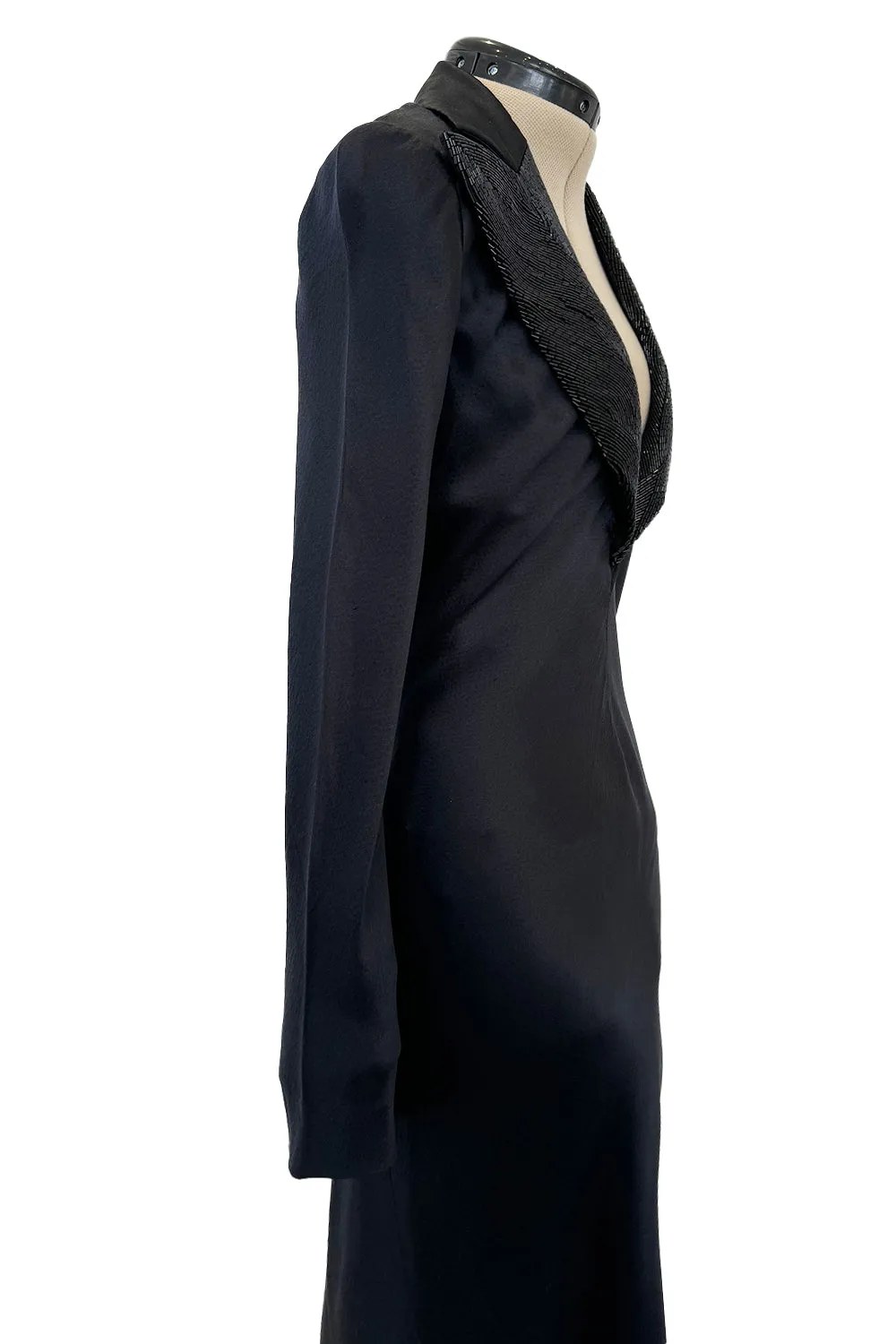 2007 Alexander McQueen  Black Bias Cut Hammered Silk Dress w Beaded Collar