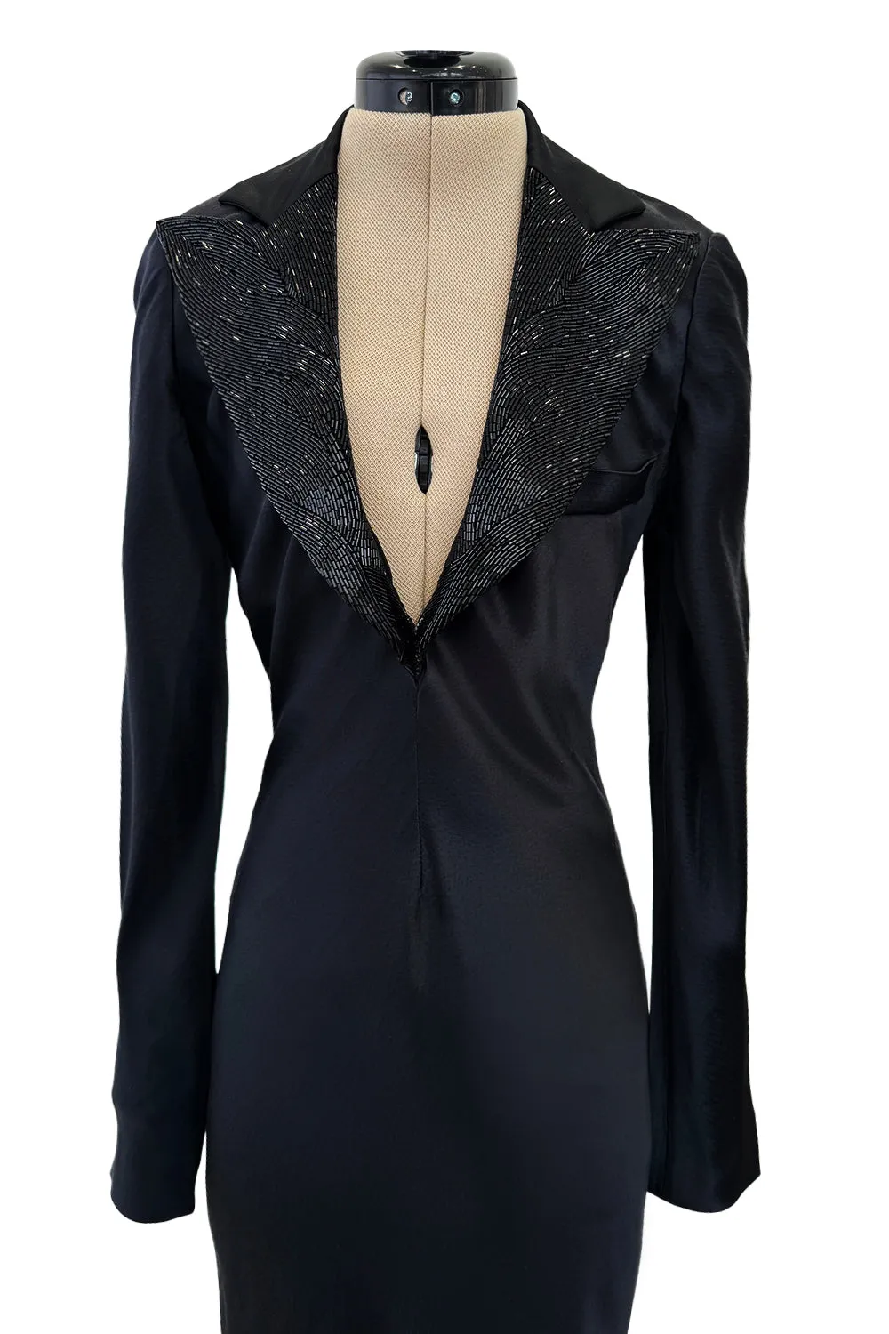 2007 Alexander McQueen  Black Bias Cut Hammered Silk Dress w Beaded Collar