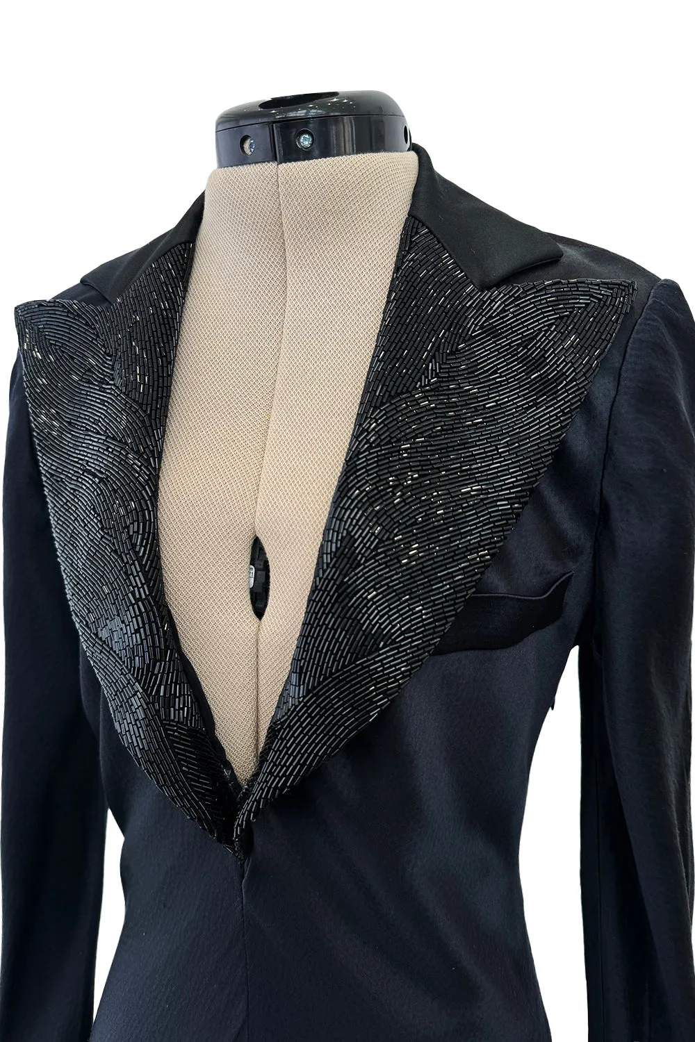 2007 Alexander McQueen  Black Bias Cut Hammered Silk Dress w Beaded Collar