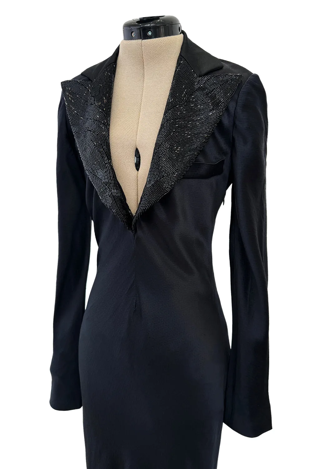 2007 Alexander McQueen  Black Bias Cut Hammered Silk Dress w Beaded Collar