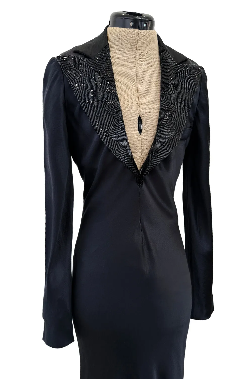 2007 Alexander McQueen  Black Bias Cut Hammered Silk Dress w Beaded Collar