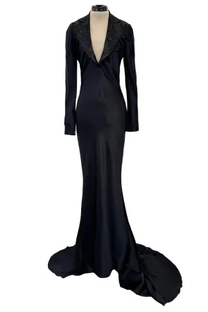 2007 Alexander McQueen  Black Bias Cut Hammered Silk Dress w Beaded Collar
