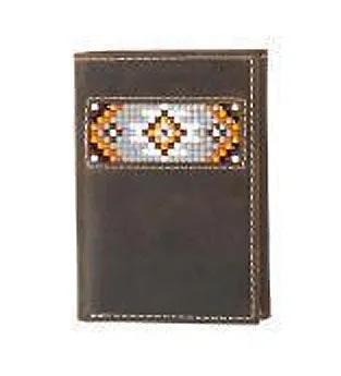 3D Brown Trifold Wallet with Southwest Diamond Pattern Beaded Inlay