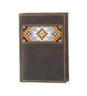 3D Brown Trifold Wallet with Southwest Diamond Pattern Beaded Inlay