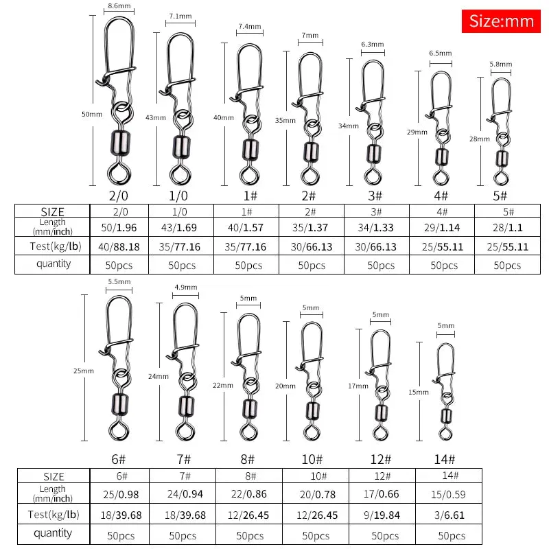 50PCS Fishing swivel Connector clip Bearing Rolling Stainless Snap on Lure