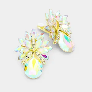 AB Crystal Petal Teardrop Clip On Pageant Earrings on Gold | Prom Earrings | 235415