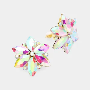 AB Marquise Stone Cluster Flower Clip On Pageant Earrings on Gold | Interview Clip On Earrings |  631821