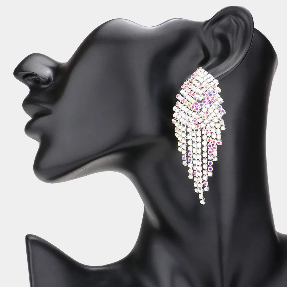 AB Pave Crystal Rhinestone Fringe Clip On Prom Earrings on Silver | Clip On Pageant Earrings | 584471