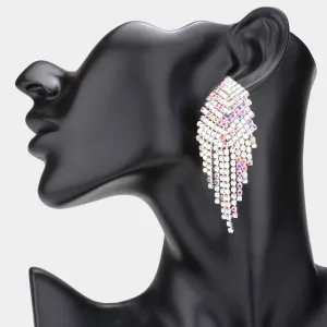 AB Pave Crystal Rhinestone Fringe Clip On Prom Earrings on Silver | Clip On Pageant Earrings | 584471