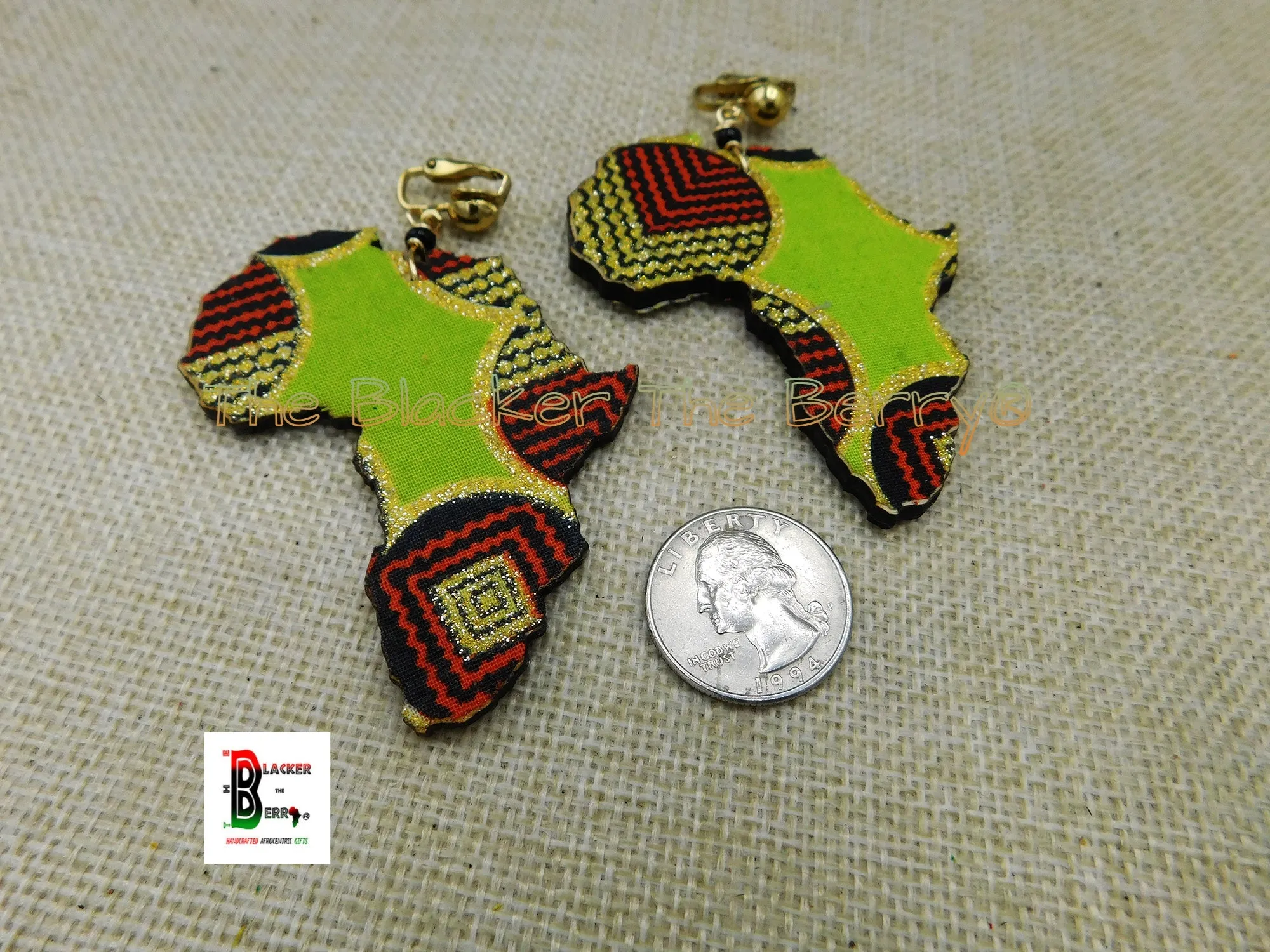 Africa Clip On Earrings Ankara Jewelry Handmade Black Red Green Black Owned