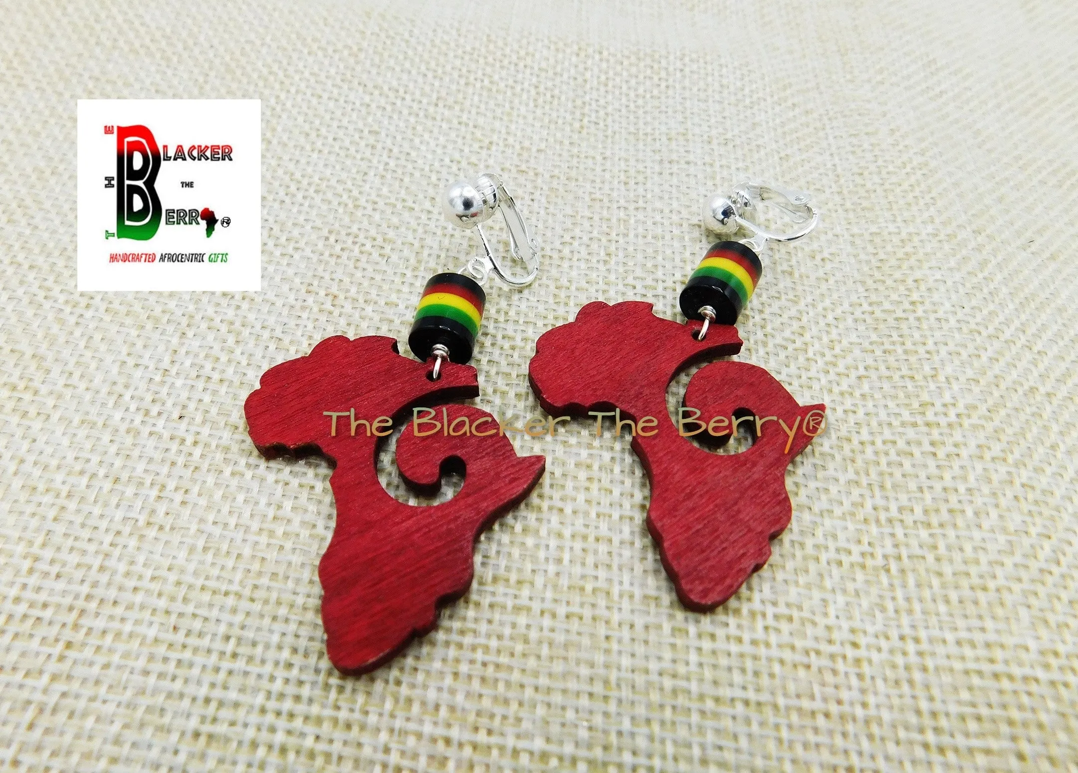 Africa Clip On Earrings Red Beaded Non Pierced Wooden Jewelry