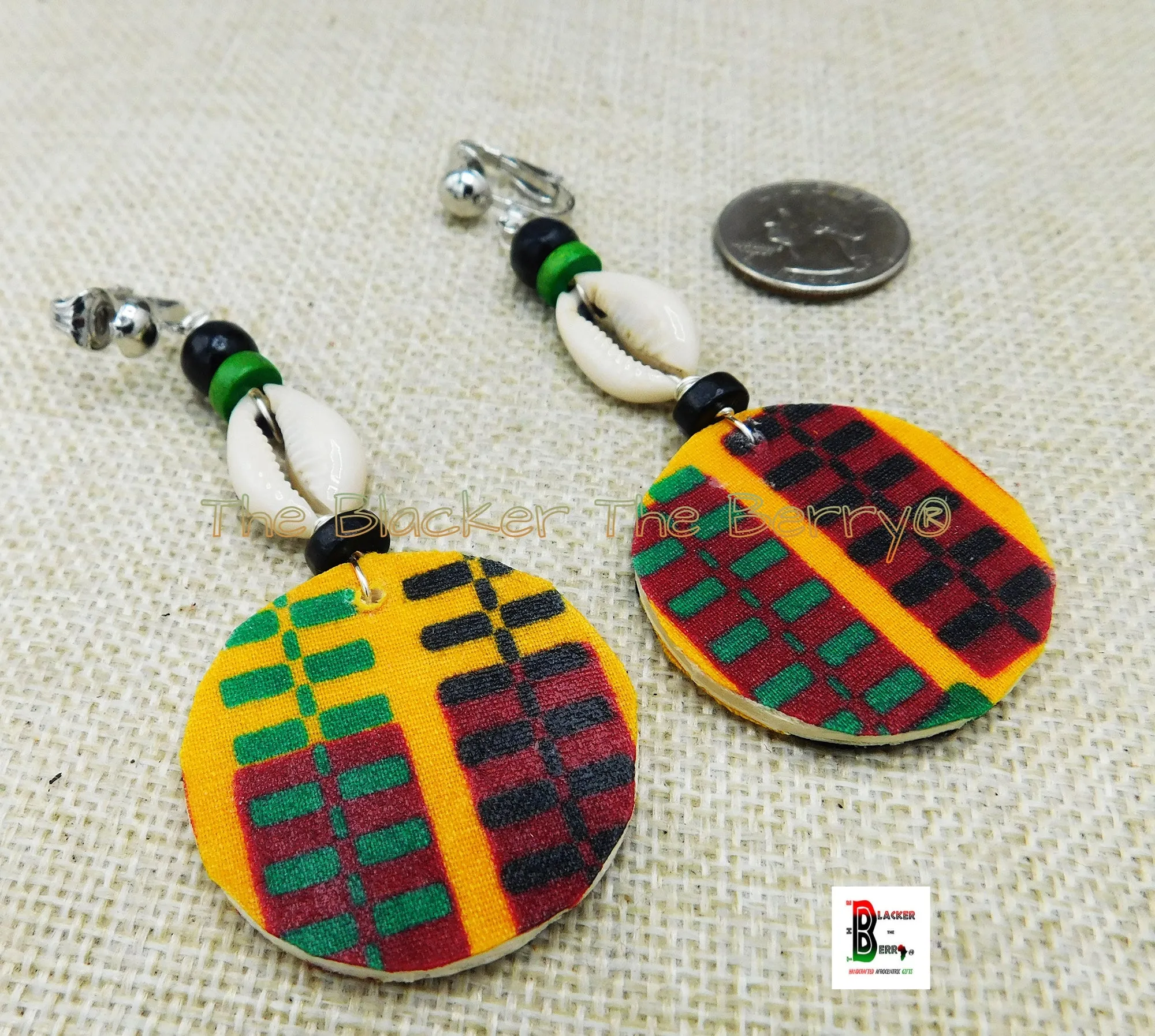 African Ankara Clip On Earrings Cowrie Beaded Jewelry Handmade Black Owned