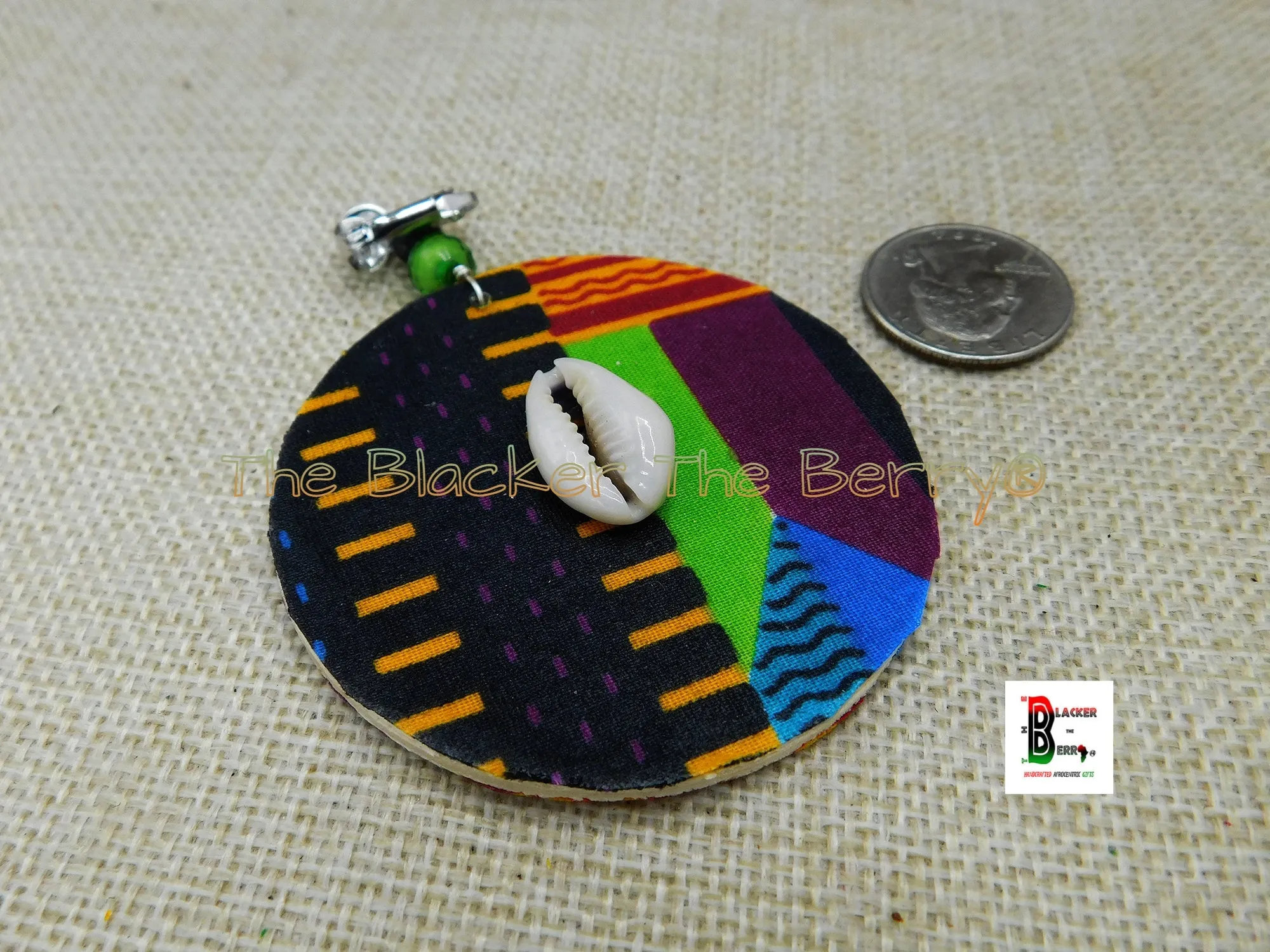 African Ankara Clip On Earrings Handmade Jewelry Kente Cowrie Green Black Blue