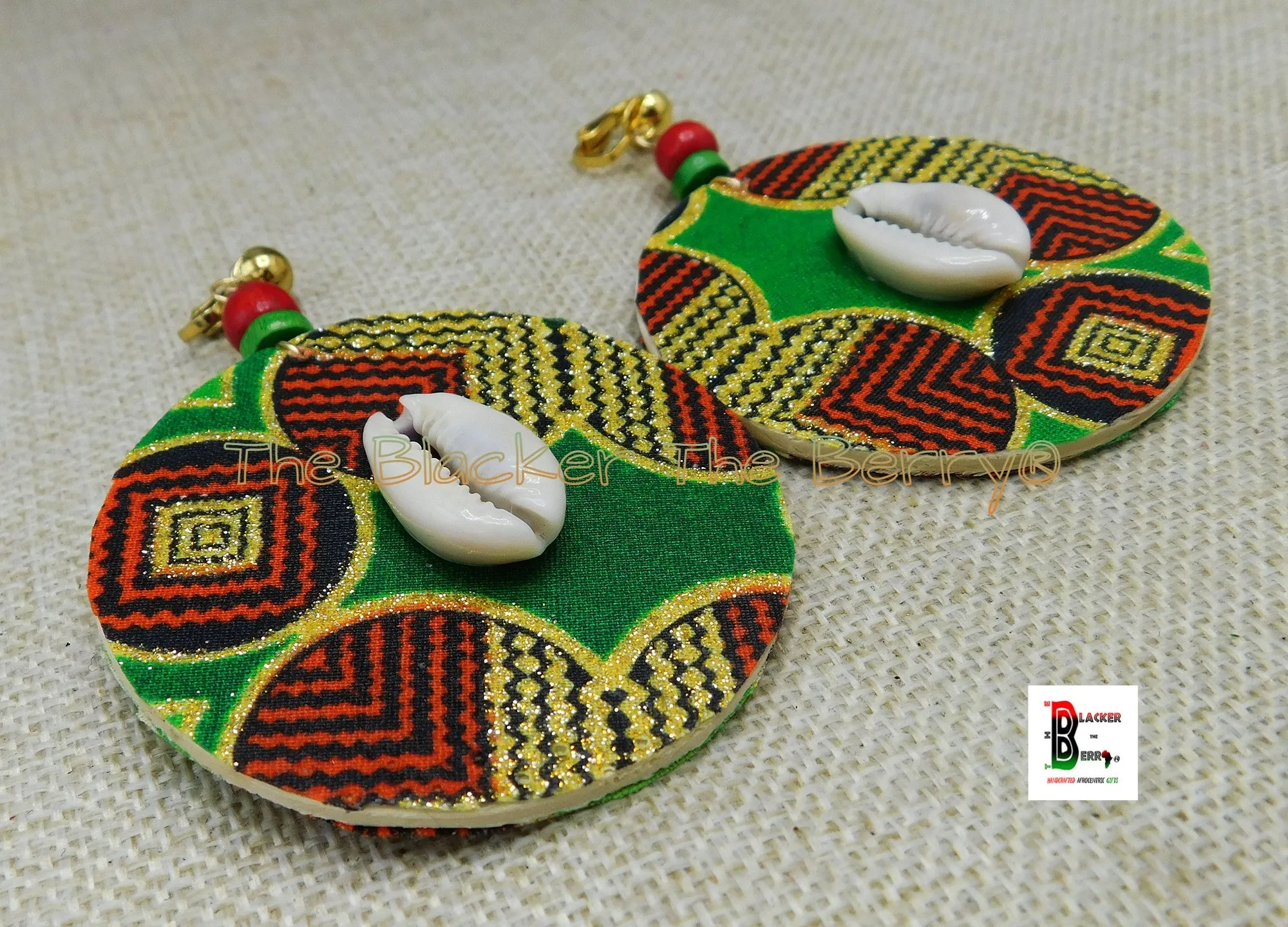 African Ankara Clip On Earrings Red Green Black Gold Jewelry Handmade