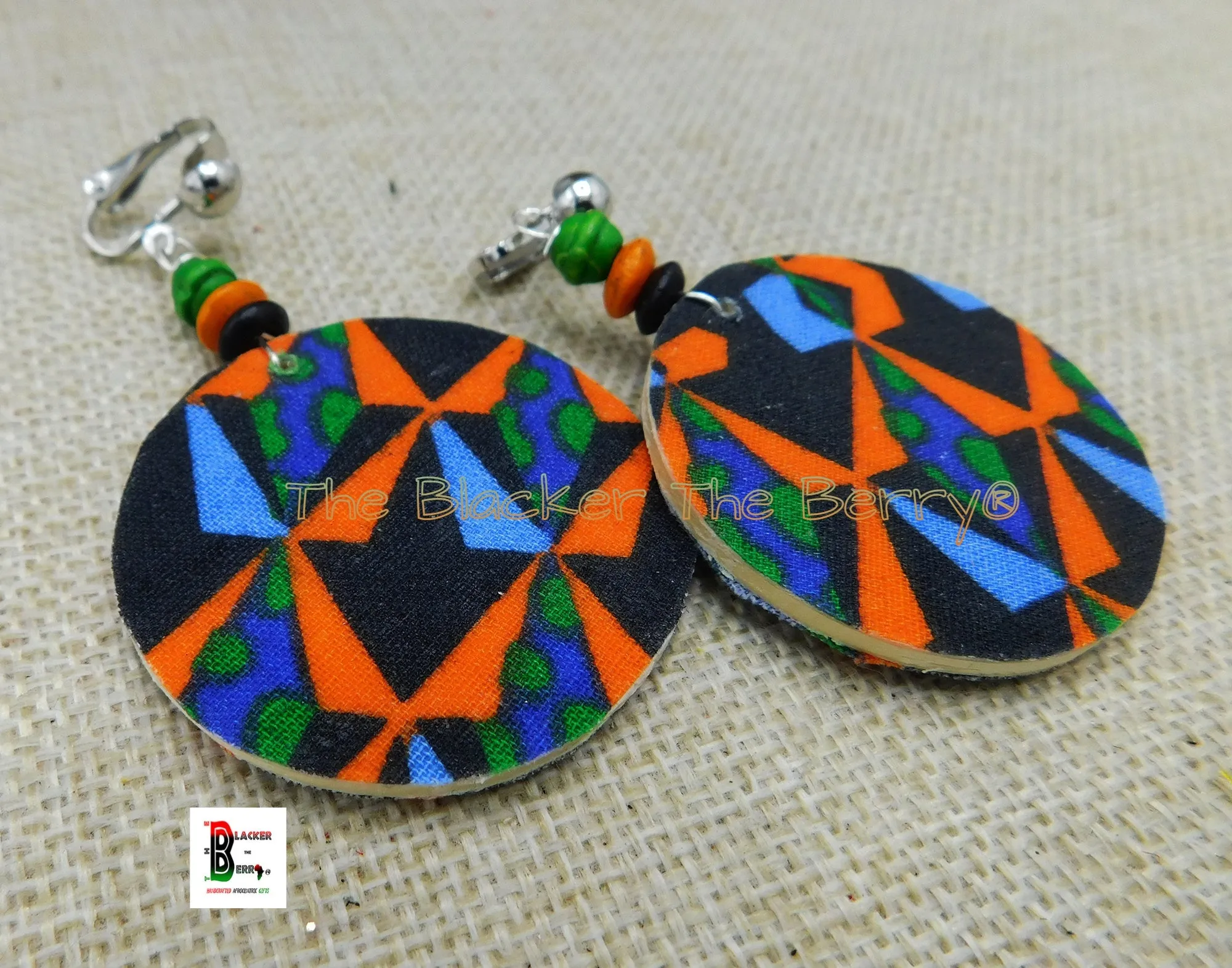 African Clip On Earrings Ankara Jewelry Black Orange Blue Beaded Handmade Black Owned