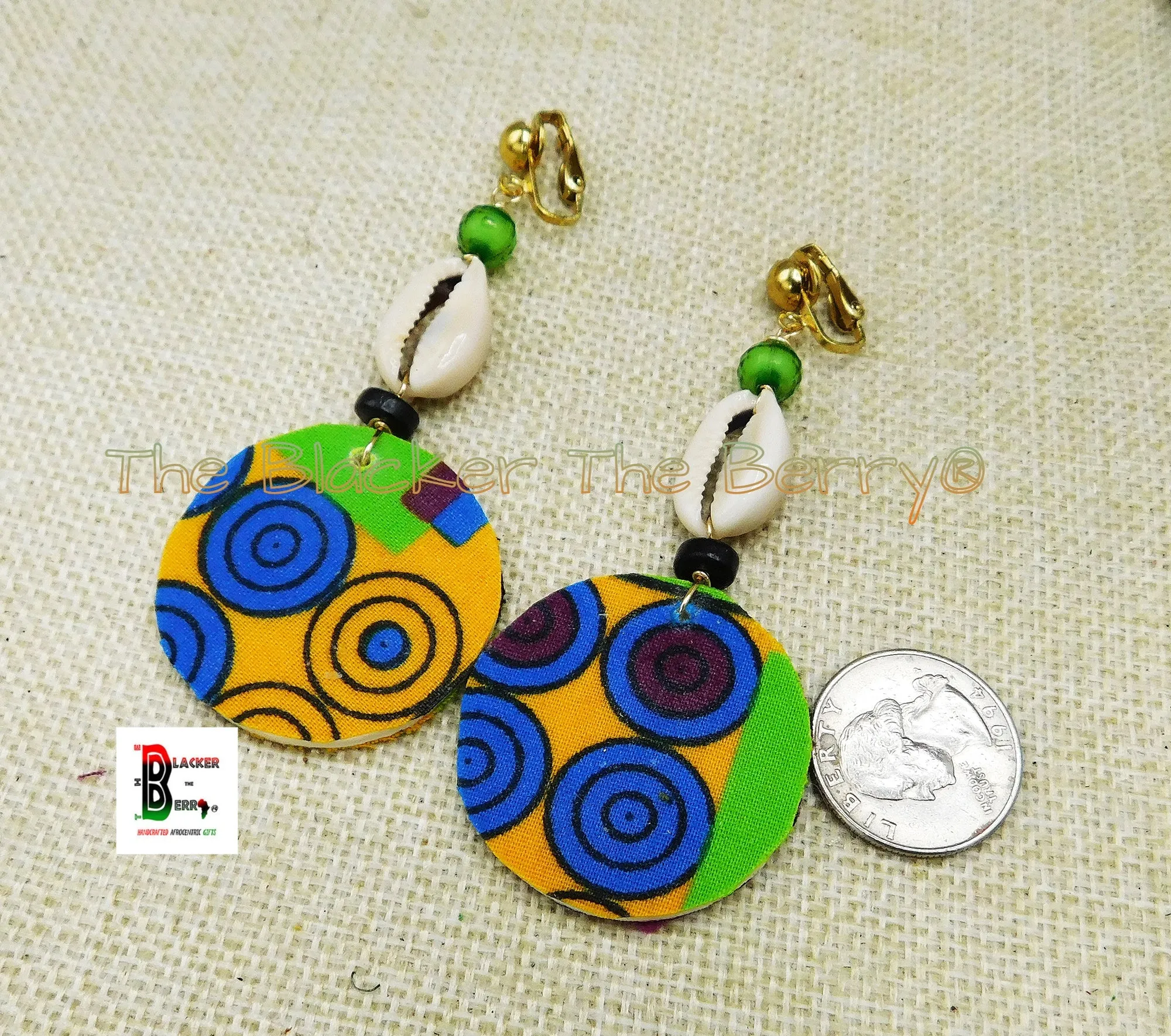 African Clip On Earrings Ankara Jewelry Green Black Blue Beaded Cowrie Handmade Black Owned