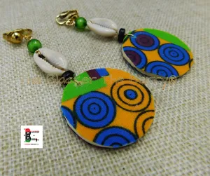 African Clip On Earrings Ankara Jewelry Green Black Blue Beaded Cowrie Handmade Black Owned