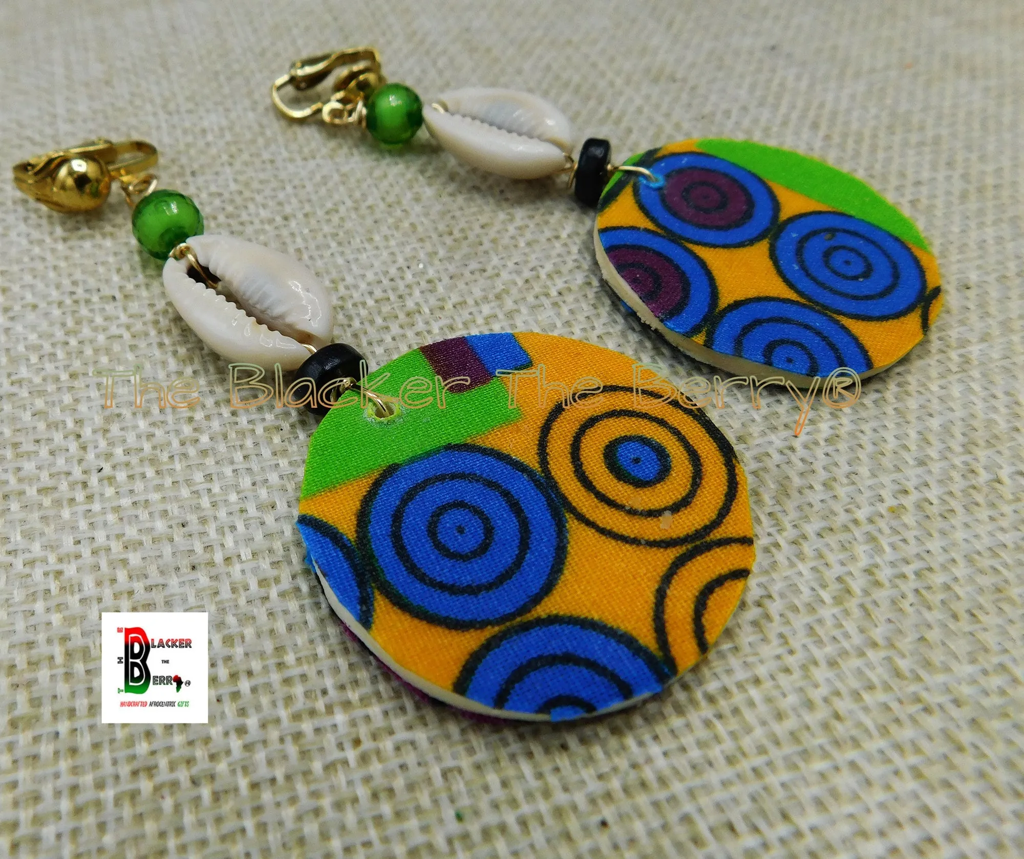 African Clip On Earrings Ankara Jewelry Green Black Blue Beaded Cowrie Handmade Black Owned