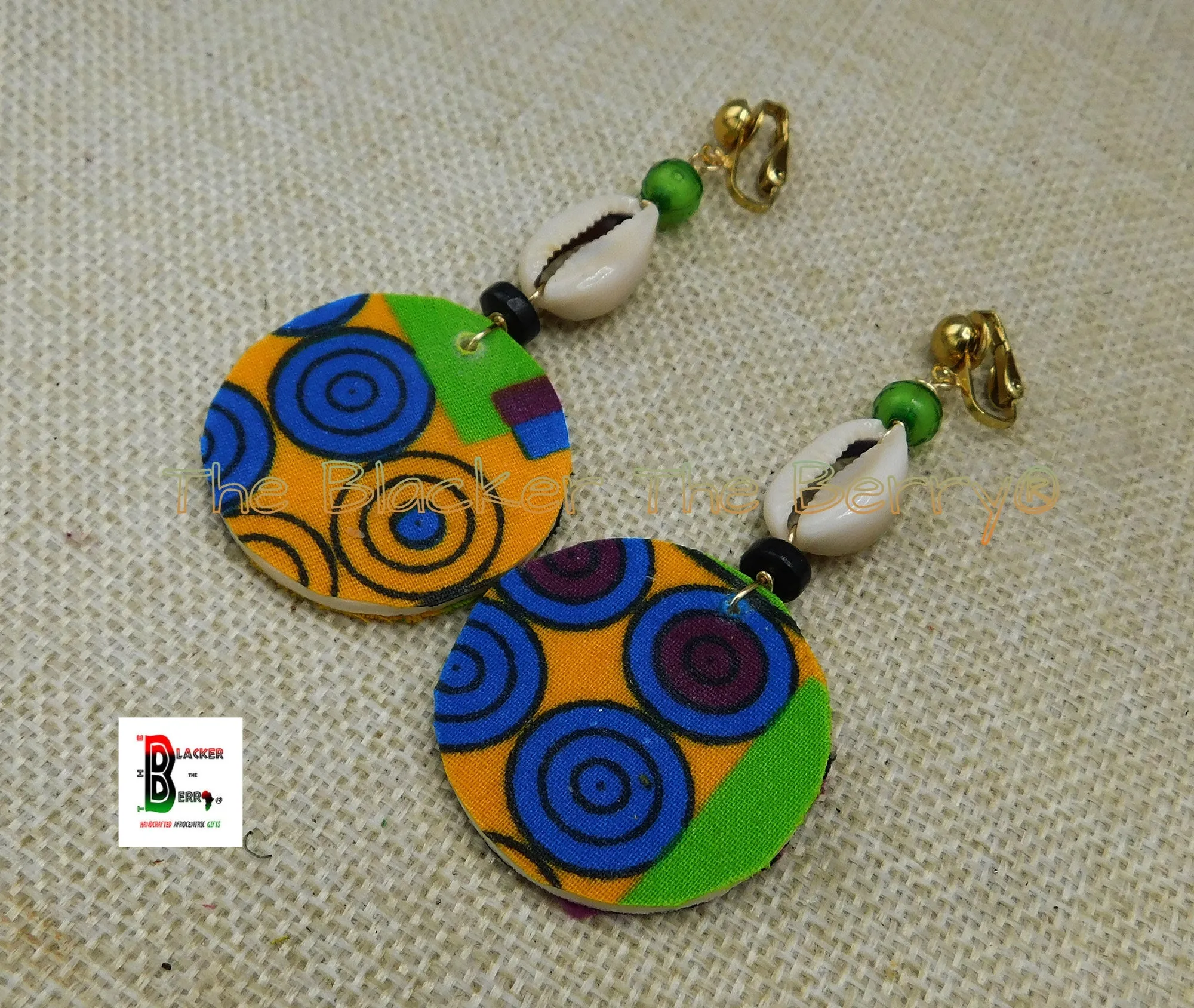 African Clip On Earrings Ankara Jewelry Green Black Blue Beaded Cowrie Handmade Black Owned