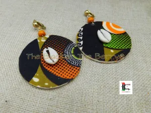 African Clip On Earrings Ankara Jewelry Orange Green Beaded Cowrie Handmade Black Owned