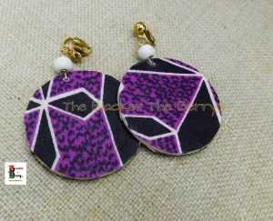 African Clip On Earrings Ankara Jewelry Purple White Beaded Handmade Black Owned