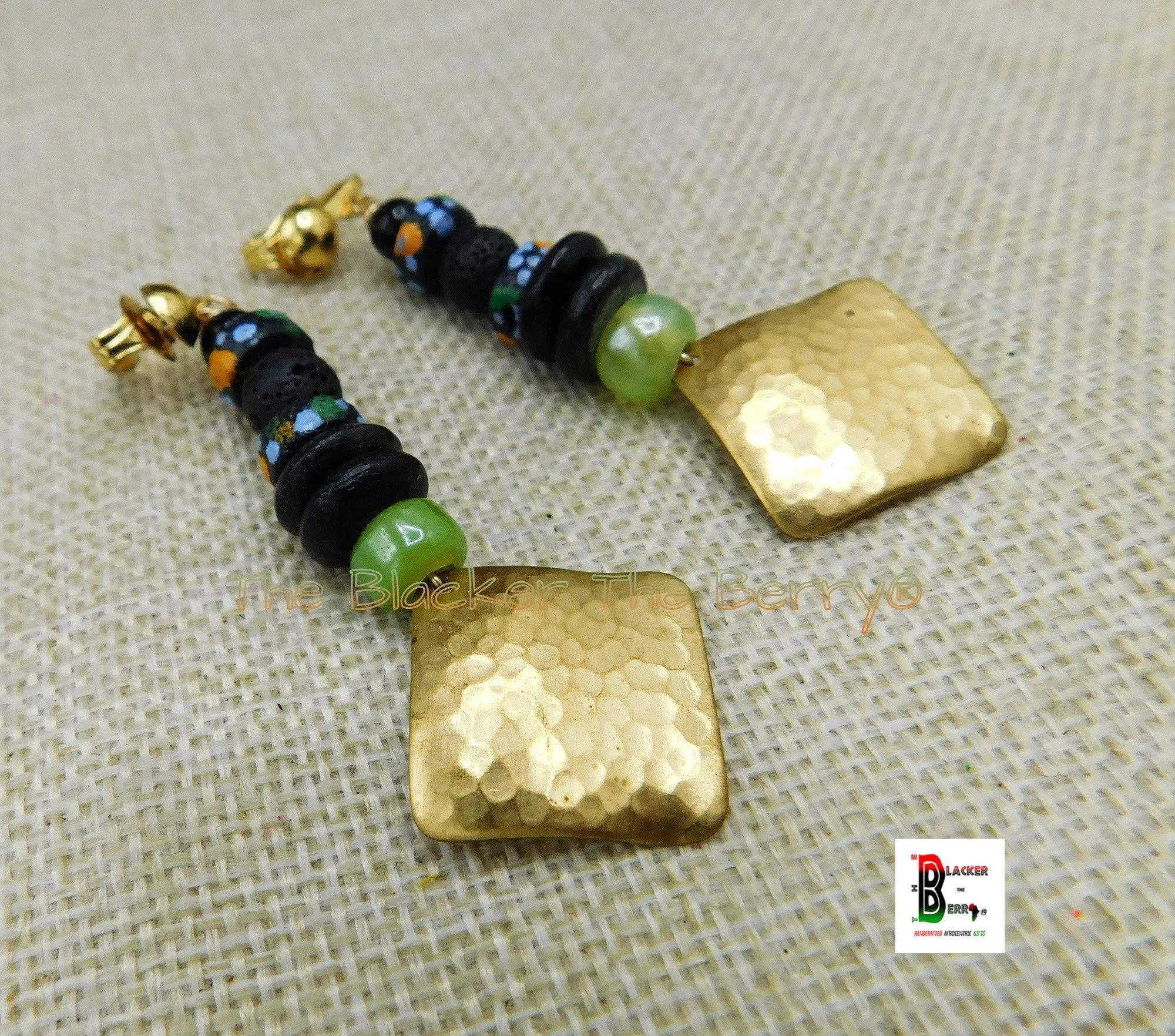 African Clip On Earrings Brass Green Black Gold Orange Beaded Non Pierced Jewelry